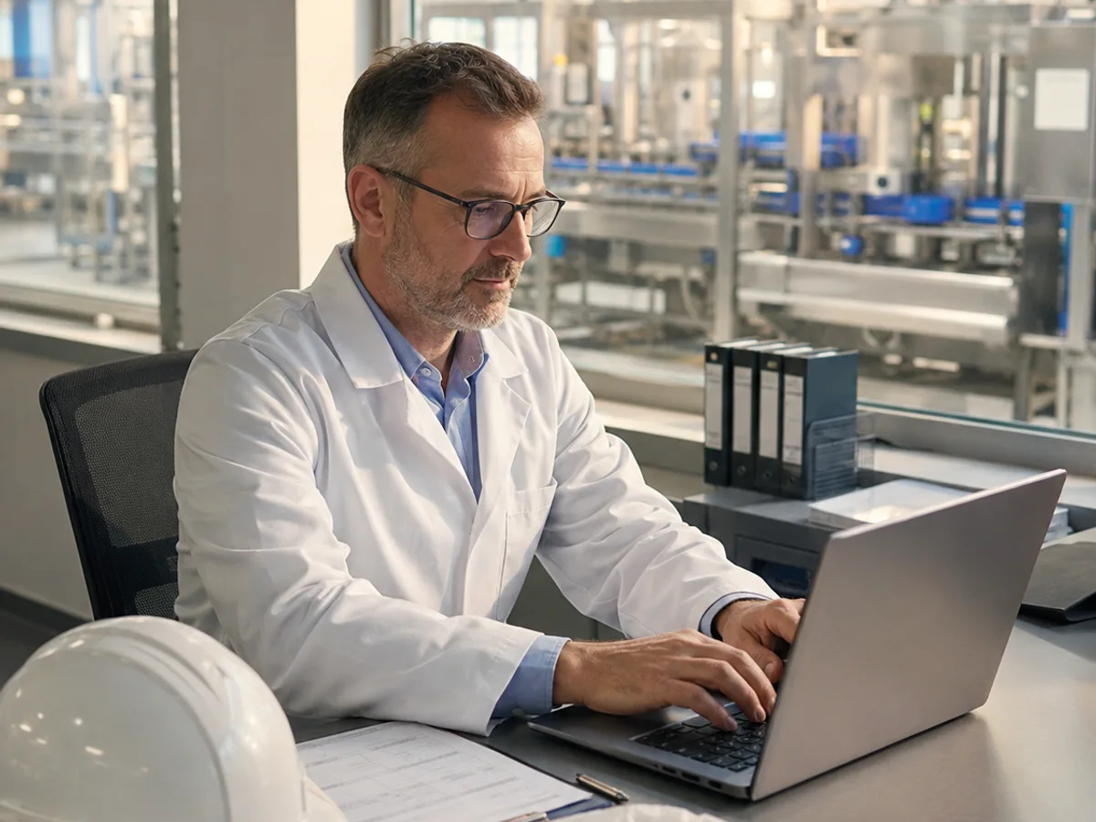 A food-plant quality manager completing an online application on a laptop, hard hat and hairnet on the desk, the production line visible behind