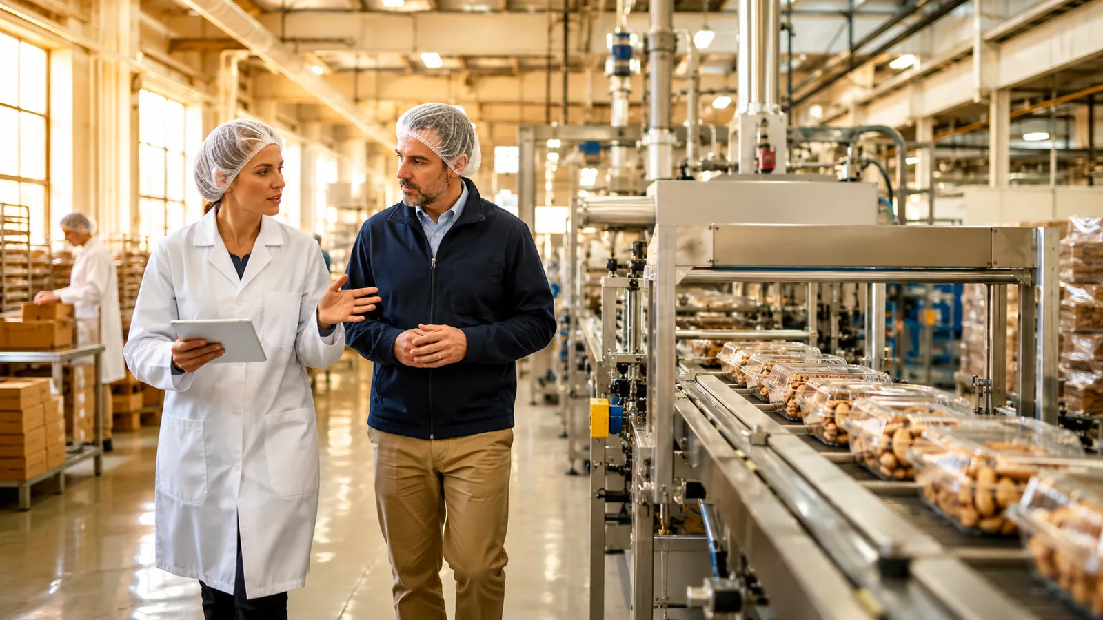 An auditor and the plant manager walking a modern food-production line together