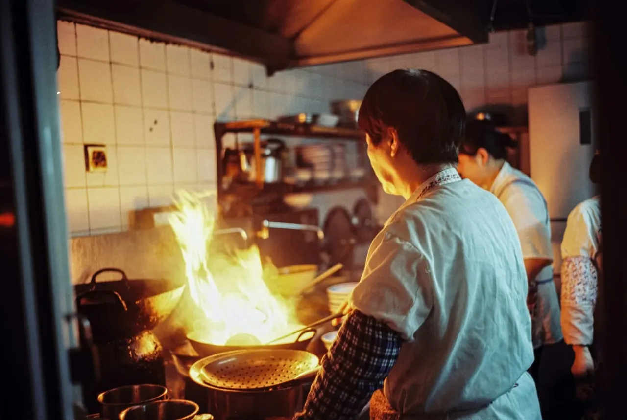 A chef cooking over a flaming wok in a working restaurant kitchen