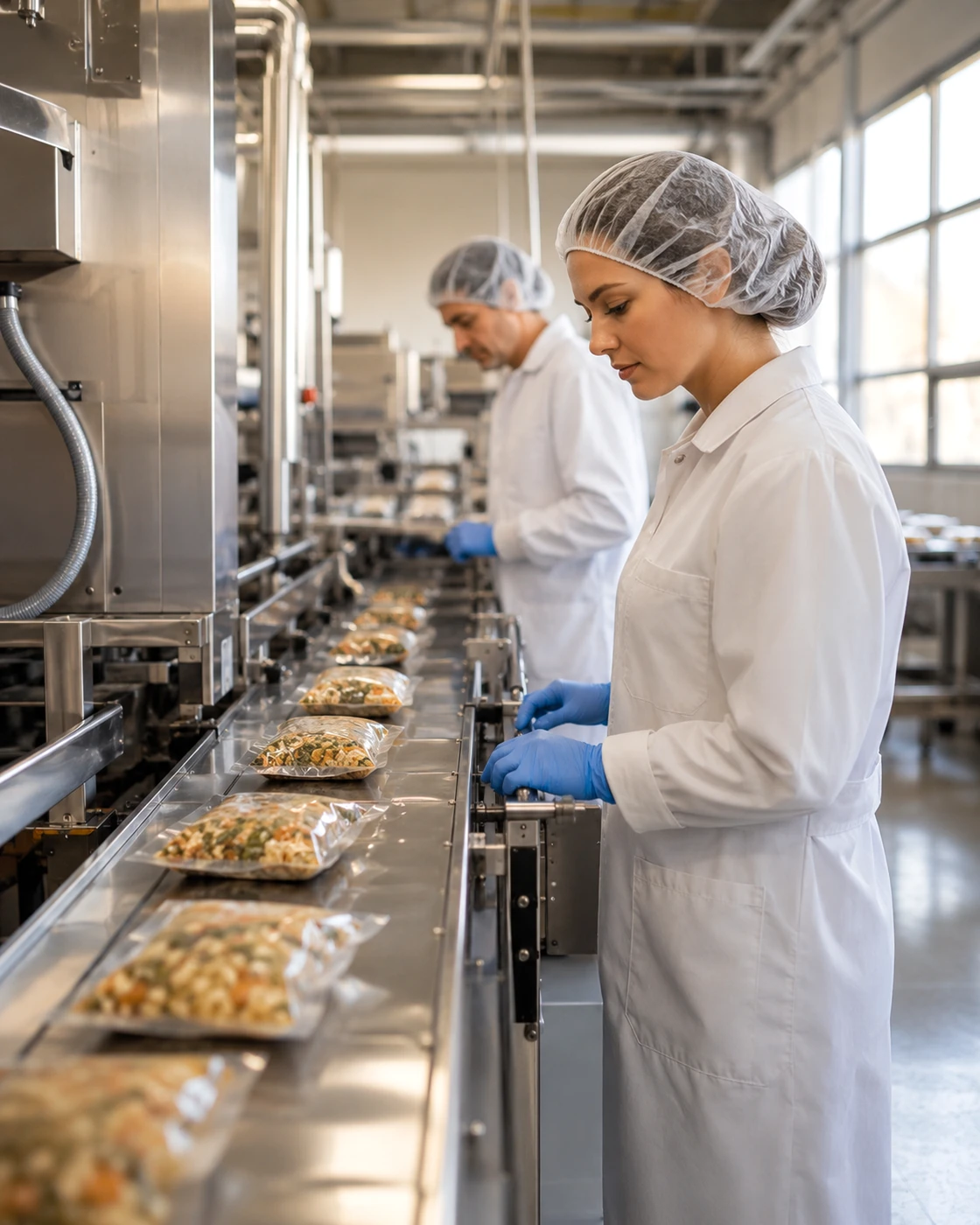 Two workers in hairnets and coats inspecting sealed food packages on a modern stainless-steel production line — the manufacturing floor HCC audits