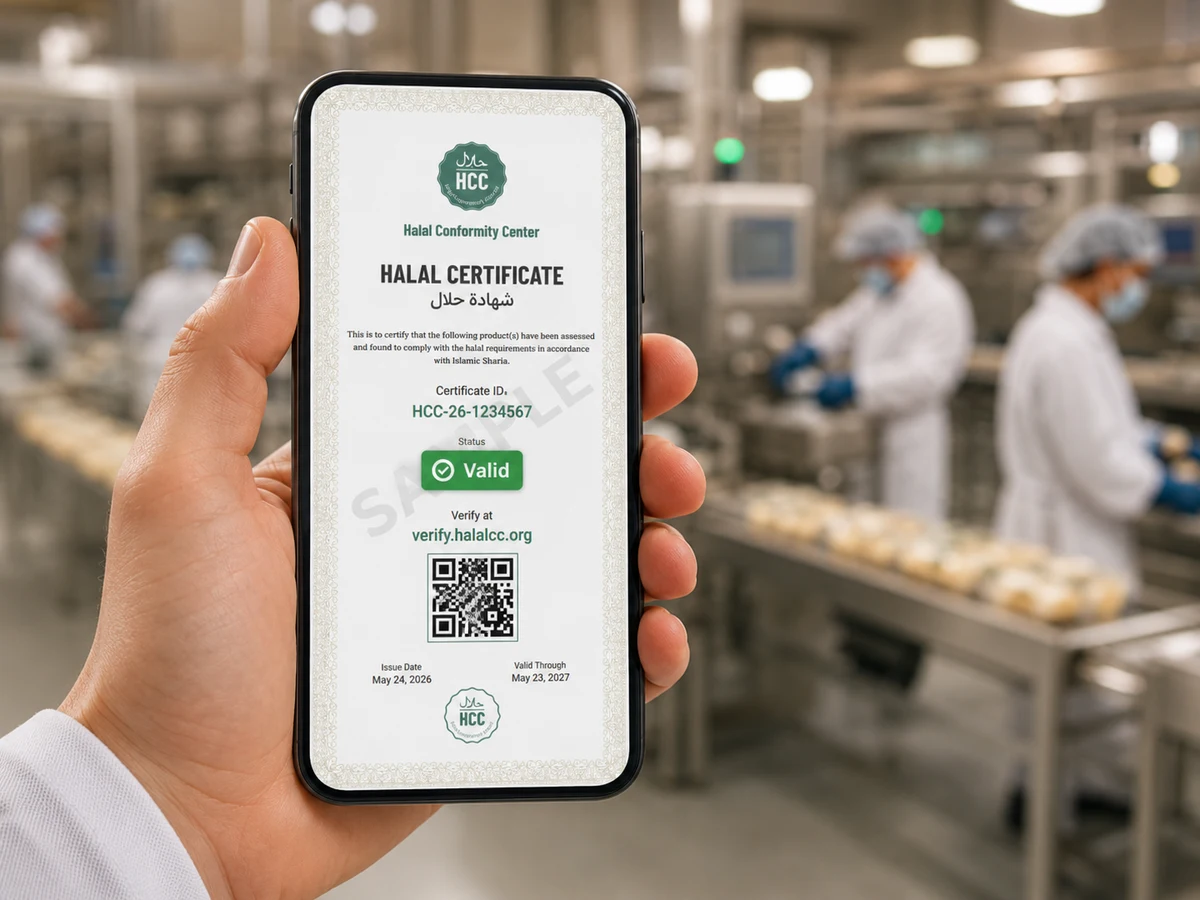 A hand holding a phone showing a sample halal certificate — a Valid status and a QR code — on a food-production floor